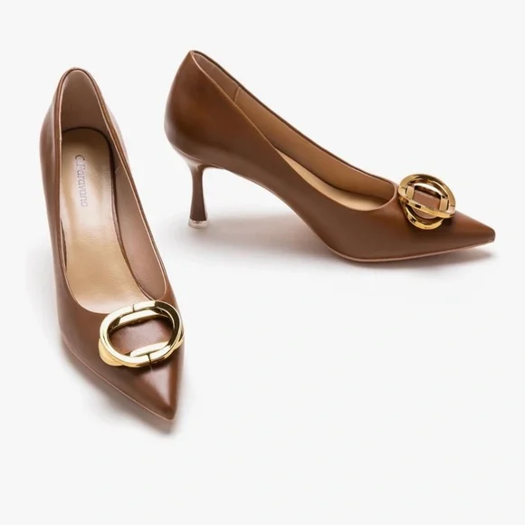 C. Paravano Stacked Metal Buckle Pumps (Olivia) - Size US 9 - Picture 1 of 6